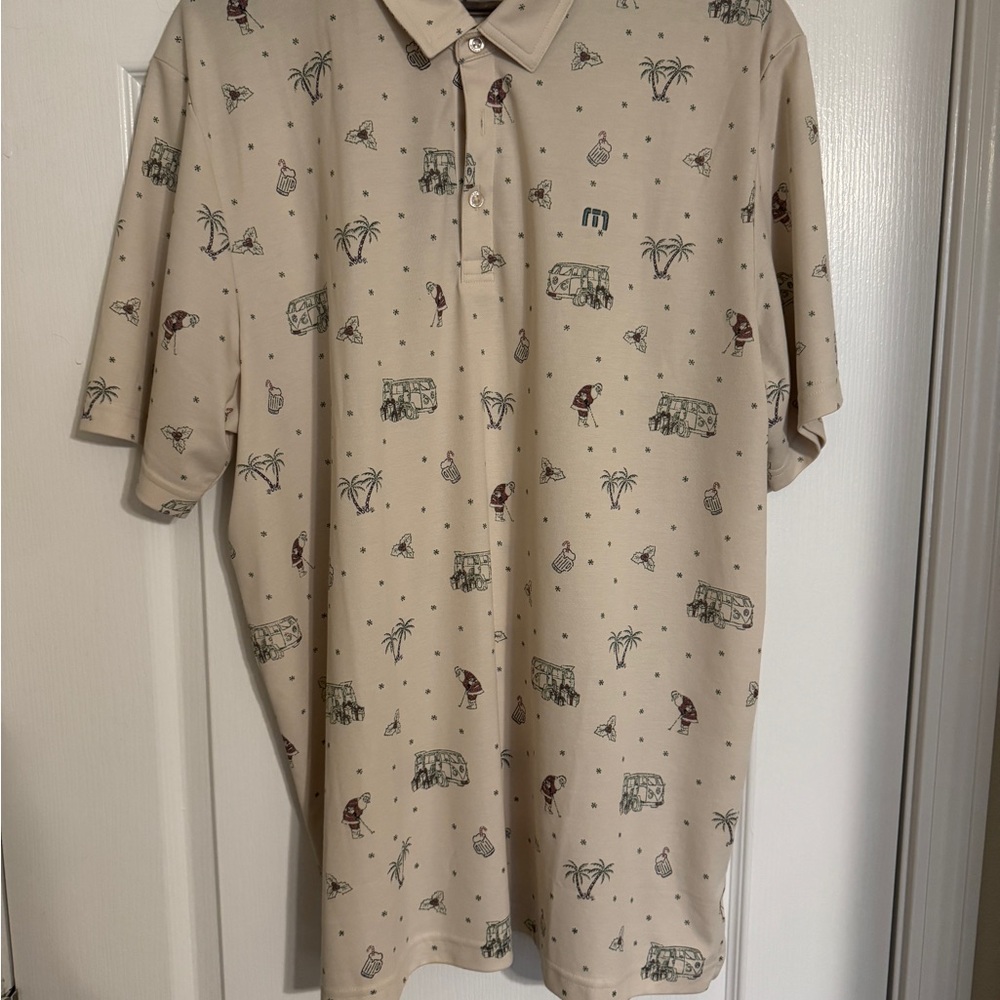 Travis Mathew Beige Printed Polo with Tropical Camper Motif